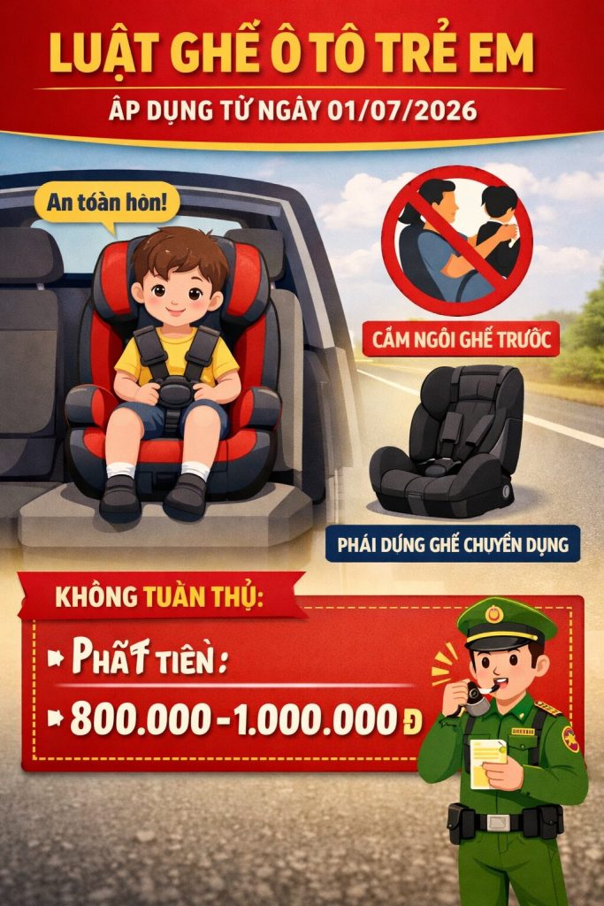 Luật ghế ô tô trẻ em áp dụng từ 1/7/2026 và mức phạt vi phạm mới nhất